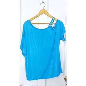 size : XXL : bright turquoise short sleeve ‘cold shoulder’ strappy blouse top